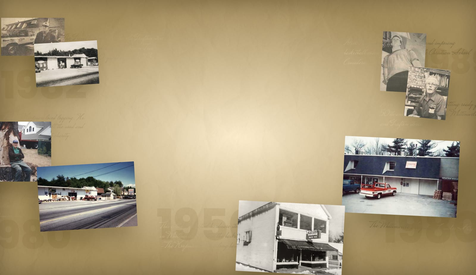 Collage of vintage photographs depicting various buildings and vehicles from the 1950s.