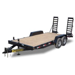 Flatbed utility trailer with dual axles and rear loading ramps.