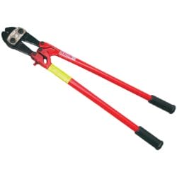 Red bolt cutter with black handles and metal cutting jaws, designed for cutting through thick metal bolts and chains.
