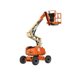 Orange and beige hydraulic boom lift with extended arm and basket on a white background.