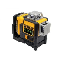 Dewalt laser level tool with yellow and black design for construction and alignment tasks on white background.