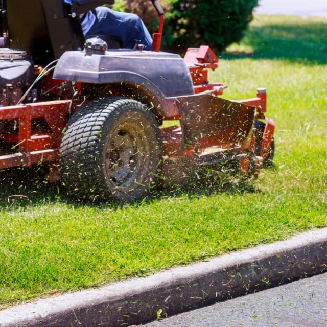 Riding lawn mower cutting bright green grass, with clippings flying in sunny outdoor garden setting.