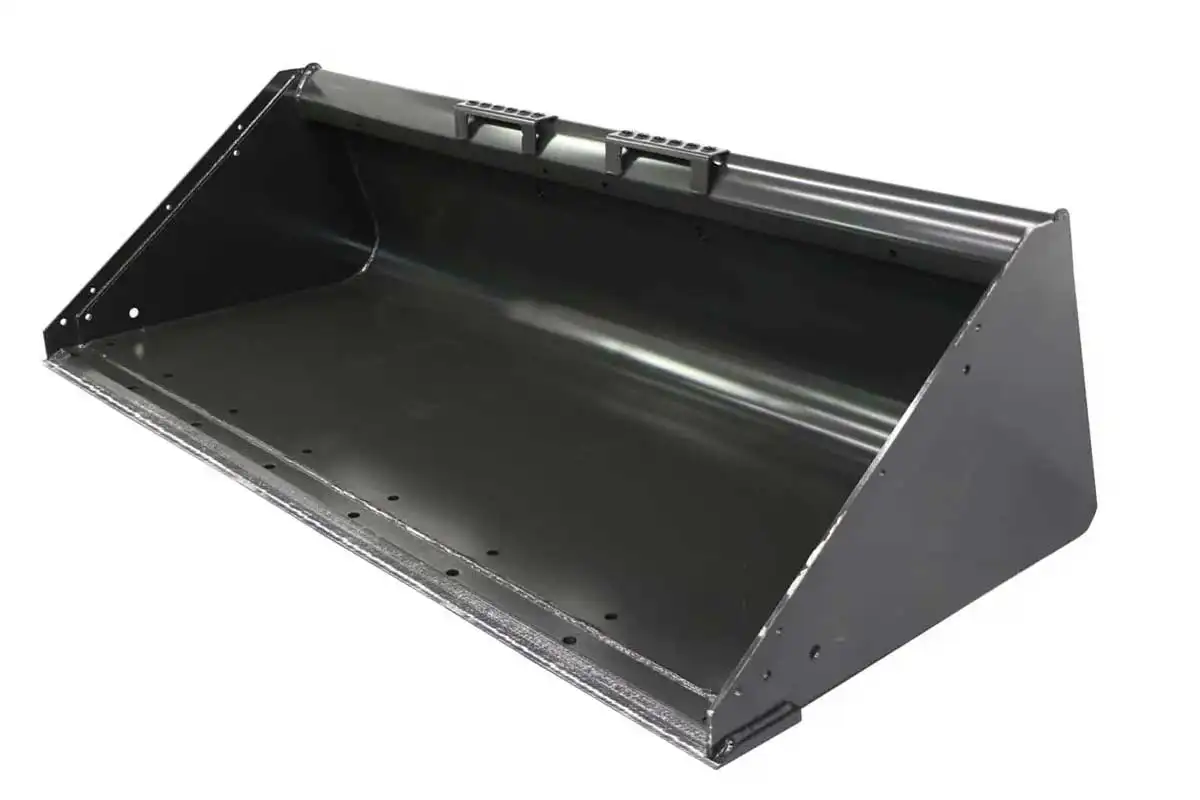 Black excavator bucket attachment on white background, angled side view.