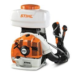 Orange and white backpack leaf blower with black hose and handle attachments.