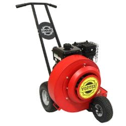Red and black wheeled leaf blower with a handle, designed for outdoor use.
