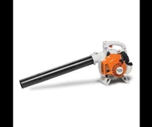 Orange and white handheld leaf blower with black nozzle, designed for efficient yard maintenance on a white background.