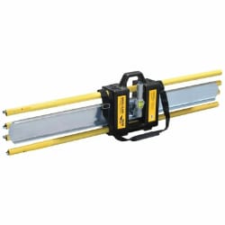 Portable tile cutter with yellow handles and a black grip, designed for precise cutting of ceramic and stone tiles.