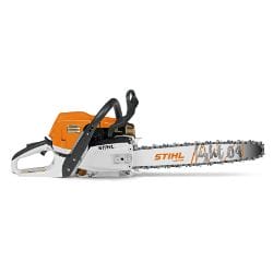 Orange and silver Stihl chainsaw with black handle on a white background.