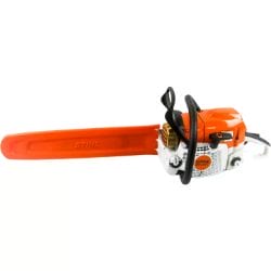 Orange and white chainsaw with a large blade, isolated on a white background.
