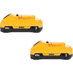 Two yellow 20V power tool batteries on a white background.