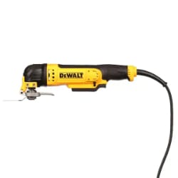 Yellow and black electric power tool with a cord, featuring a saw blade attachment.