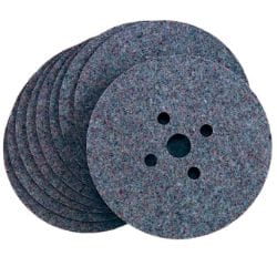 Stack of gray abrasive polishing discs with central holes for mounting on power tools, used for smoothing surfaces in various projects.