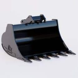 Black excavator bucket with sharp teeth on a white background.