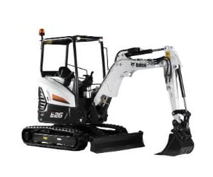 Mini excavator with a white body and black tracks, equipped with a digging arm and bucket, parked on a plain background.