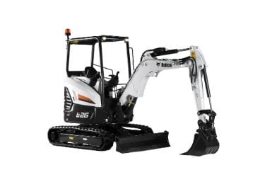 Mini excavator with a white body and black tracks, equipped with a digging arm and bucket, parked on a plain background.