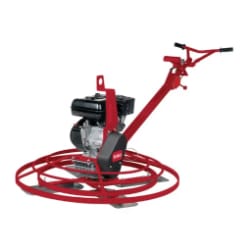 Red power trowel machine with a circular base used for smoothing concrete surfaces, shown on a white background.
