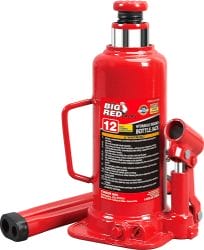 Red hydraulic bottle jack with a handle, labeled for 12-ton capacity, designed for lifting heavy vehicles or machinery.