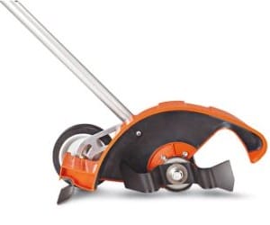 Orange and black lawn edger on white background, featuring a metal blade and protective guard.