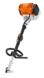 Gas-powered string trimmer with ergonomic handle and metal shaft for efficient lawn trimming and landscaping.