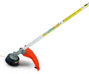 Yellow and orange handheld grass trimmer with black cutting blade, designed for lawn maintenance and gardening tasks.