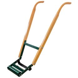 Wooden-handled garden tool with a black metal base for cutting or edging lawns.