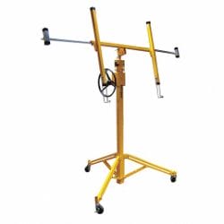Yellow drywall lift with adjustable arms and wheels on a white background.