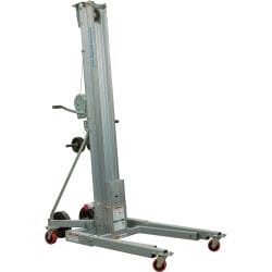 Manual material lift with wheels and a hand crank, used for lifting heavy items in industrial or construction settings.