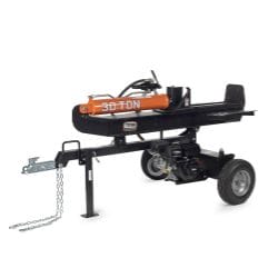 Orange and black log splitter with wheels and hitch attachment on a white background.