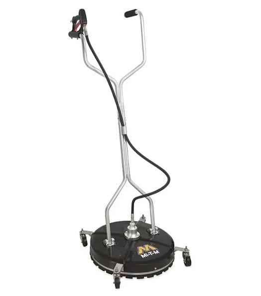 Commercial pressure washer surface cleaner with wheels and handle, designed for efficient cleaning of large surfaces.