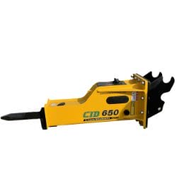 Yellow hydraulic breaker model CTB 850 with robust design on white background.
