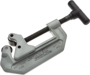 Pipe cutter tool with a silver body and black handle used for cutting pipes efficiently.