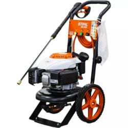 orange and black pressure washer with wheels and hose on white background