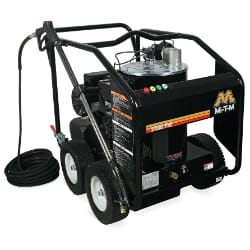 Industrial pressure washer with hose and four wheels, black and orange design, suitable for heavy-duty cleaning tasks