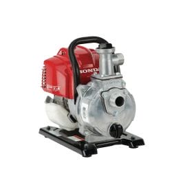 Red and silver portable water pump with black handle atop a metal frame.