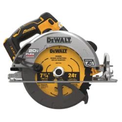 Dewalt cordless circular saw with a yellow and black design, 7 1/4 inch blade, 20V max, placed on a white background.