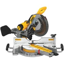 Miter saw with yellow accents and adjustable base, designed for precision woodworking and angled cuts.