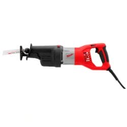 Red and black electric reciprocating saw on white background.