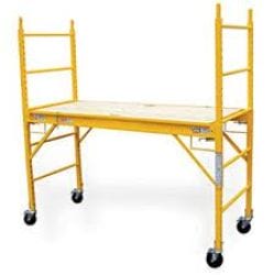 Yellow metal scaffold on wheels with wooden platform, designed for construction or maintenance work indoors or outdoors.