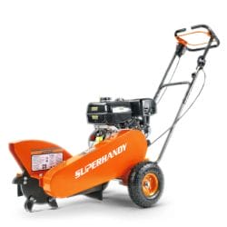 Orange lawn mower with black handle on wheels, designed for garden maintenance and grass cutting, isolated on white background.