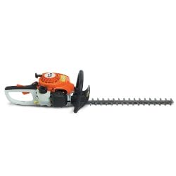 Gas-powered hedge trimmer with orange and white body, sharp metal blades, and black handle designed for garden trimming tasks.