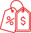 Shopping tags icon with dollar and percentage symbols, red outline on a transparent background.