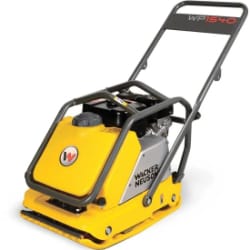 Yellow plate compactor with a metal handle, used for compressing soil or gravel in construction and landscaping.