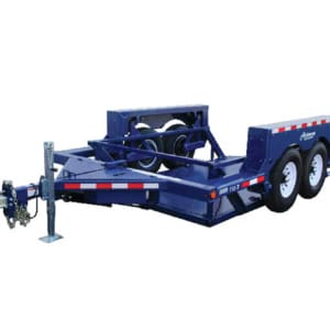 Blue dual-axle industrial equipment trailer with a jack stand and hitch, suitable for transporting heavy machinery.