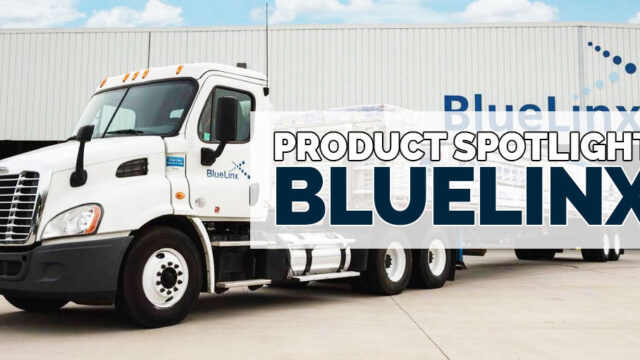 Truck parked in front of Blue Line Products building with text overlay "Product Spotlight: Blue Line".