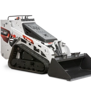 Compact skid-steer loader with black tracks and bucket attachment, designed for construction and landscaping tasks.