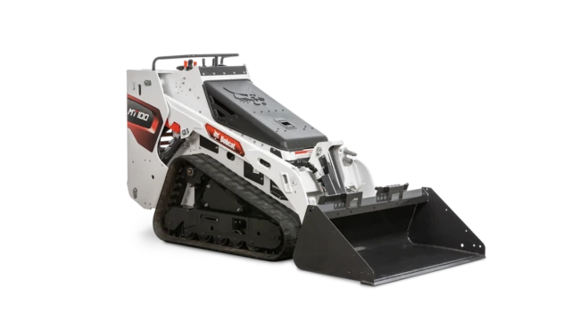 Compact skid-steer loader with black tracks and bucket attachment, designed for construction and landscaping tasks.