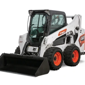 compact skid steer loader with front bucket attachment and orange wheels on a white background