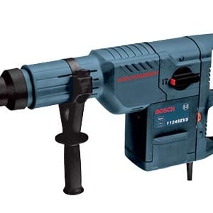 Blue rotary hammer drill with black handles and a power cord attachment.