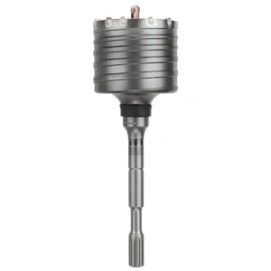 Silver industrial hammer drill bit with a cylindrical head and a long shaft against a plain white background.