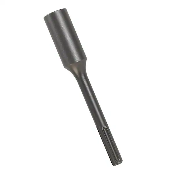 Metallic cylindrical soldering iron tip attachment against a white background.